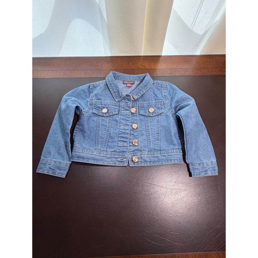 Vince Camuto Girls Denim Jacket Blue Leopard Patch Rose Gold Buttons 3T NWT